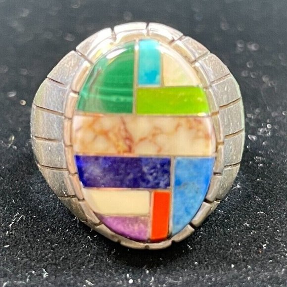 Ray Jack Navajo 925 Coral Lapis Turquoise MOP Malachite Tiger Shell Ring (R150)